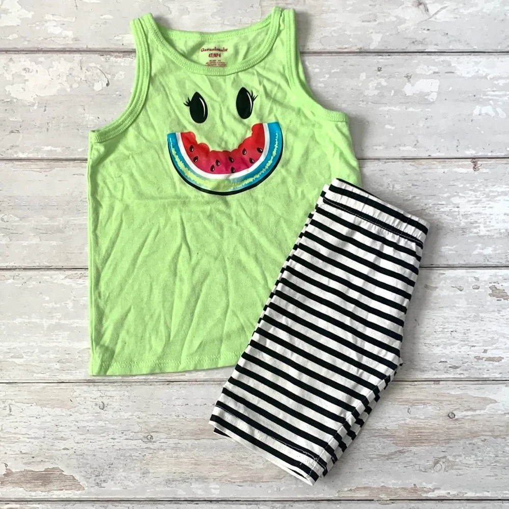 Girls 4T Summer Outfit Green Watermelon Tank Top Black White Shorts Size 4